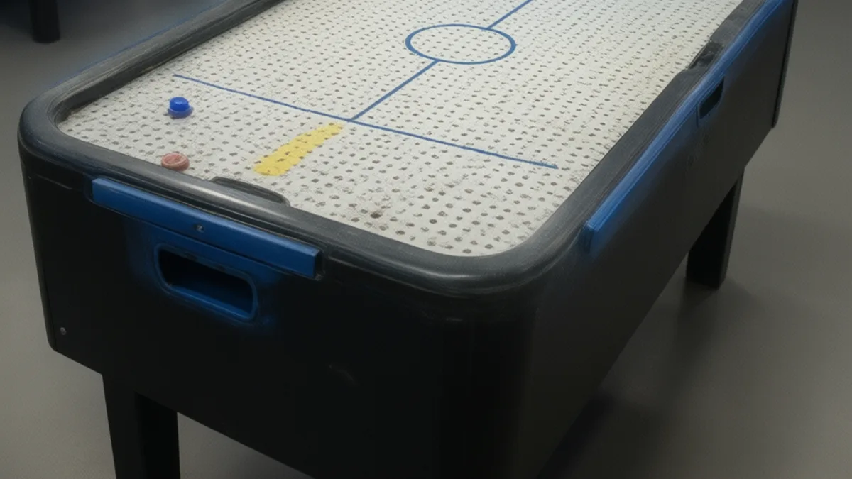 Mesa de air hockey con el disco sobre la línea central y dos palas