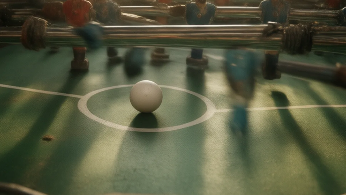 Superficie de juego de un futbolín con las líneas blancas y una bola