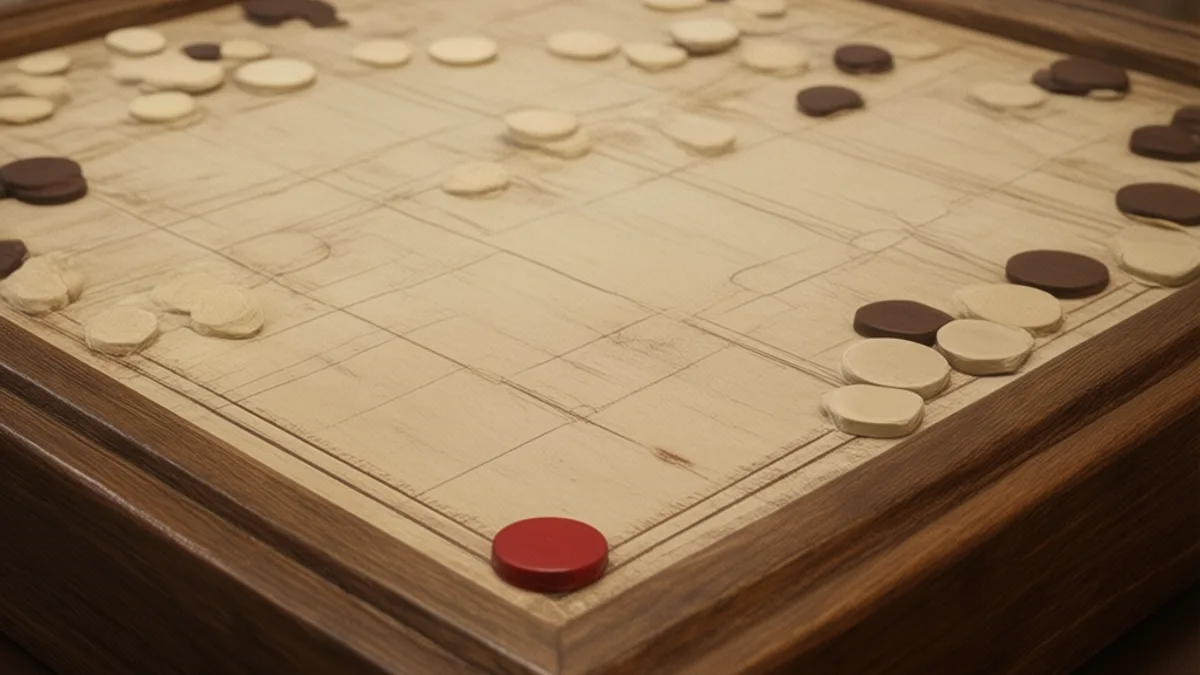 Carrom-Brett auf einem Ständer, mit Steinen und roter Dame in der Mitte