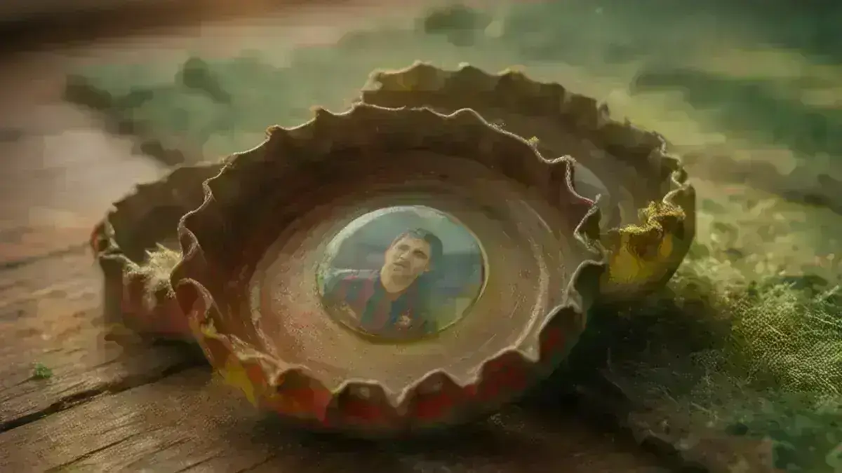 Flattened bottle cap used as a chapas playing piece, with a footballer photo glued inside