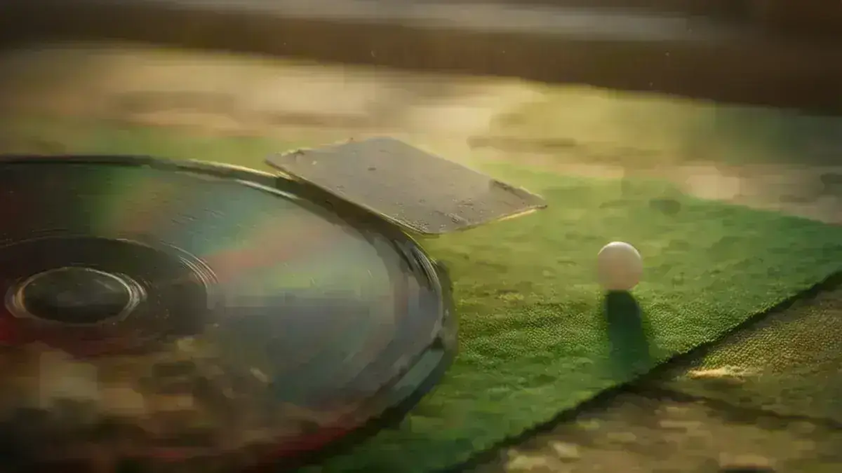 Palheta golpeando um botão sobre a mesa verde, com a bola e o gol ao fundo