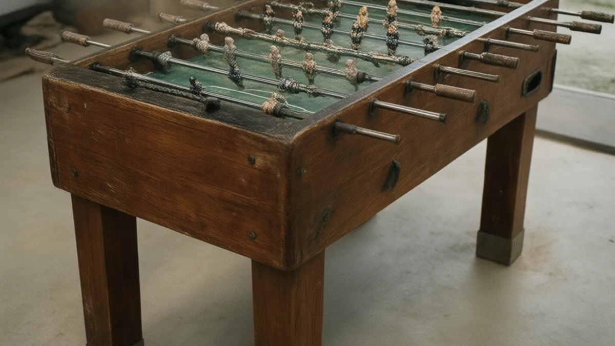 Futbolín antiguo de bar visto de lado