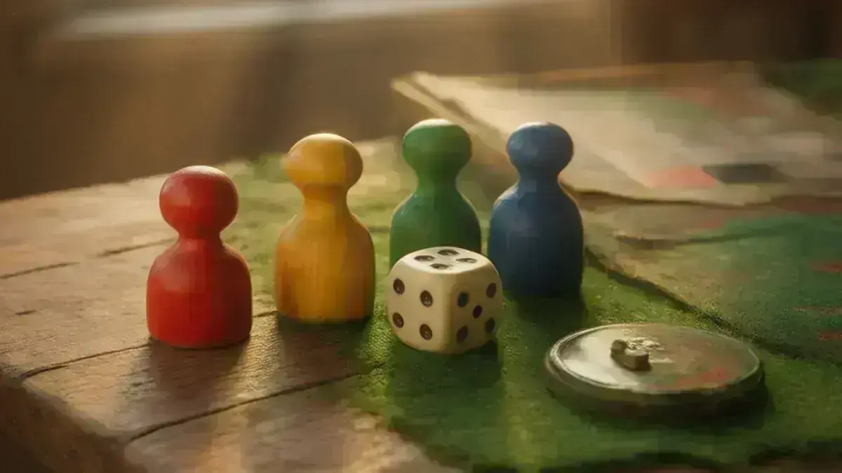 Varios juegos de mesa infantiles sobre una mesa de madera: fichas de colores, un dado y un tablero