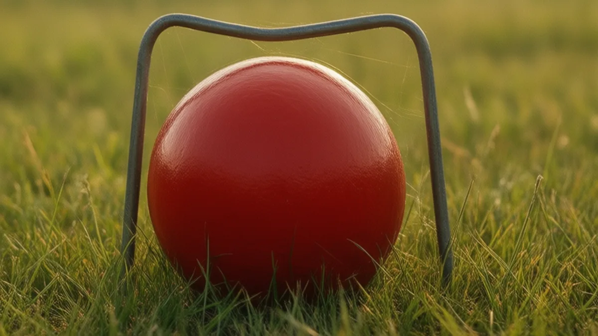 Arceau de croquet en métal planté dans la pelouse avec une boule et un maillet
