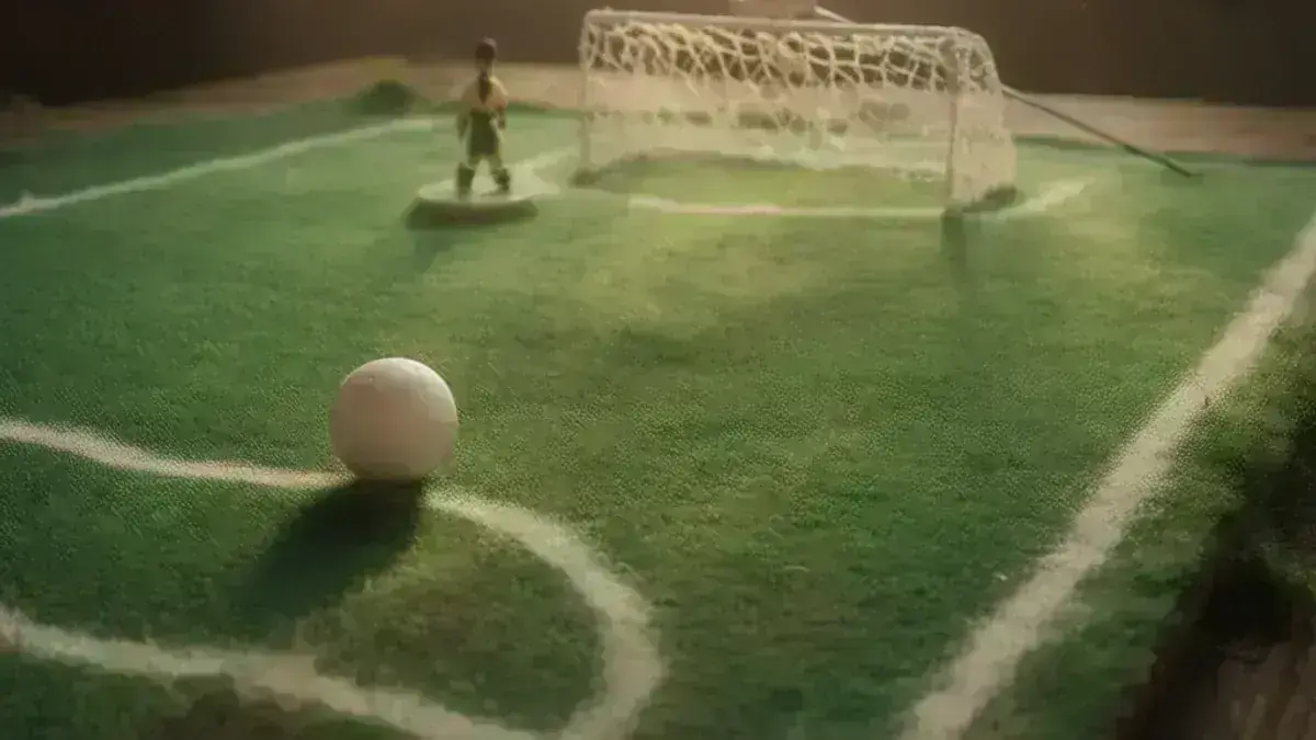 Vista rasante del tapete verde: el balón junto a la línea de tiro curva y, al fondo, la portería con el portero en su varilla