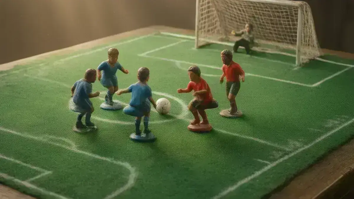 Campo di panno verde con le miniature sulle basi a cupola, la pallina e il portiere sull’asta dietro la porta