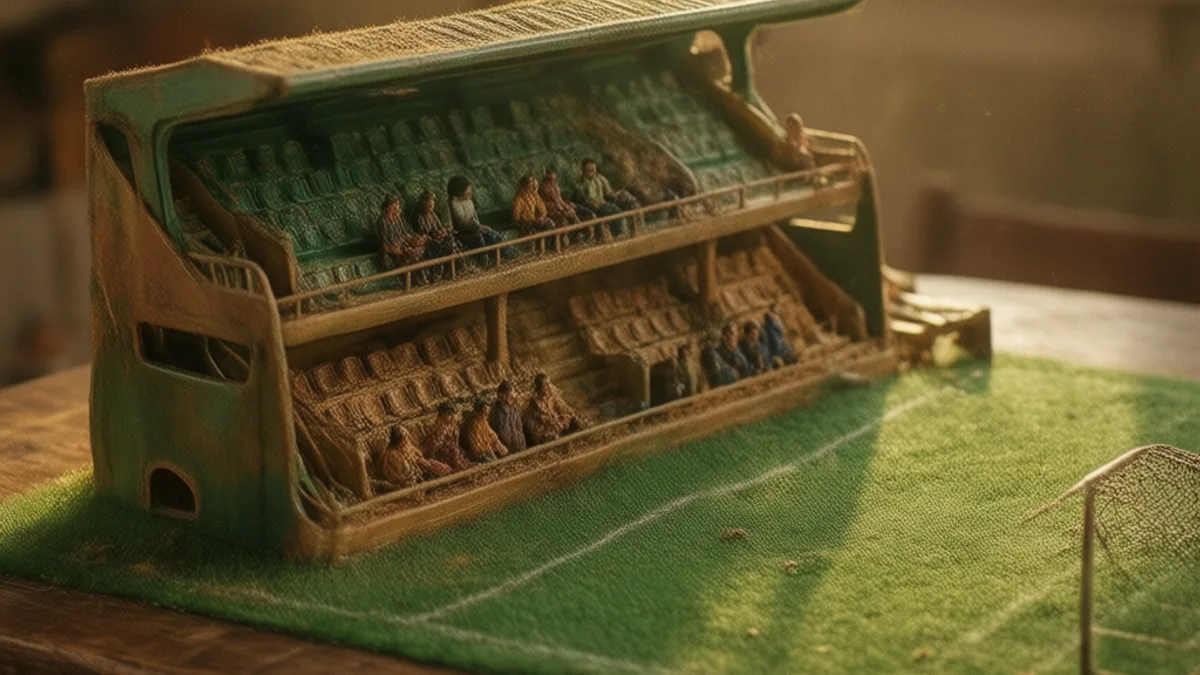 Tribuna Subbuteo in plastica verde e color cuoio con spettatori in miniatura