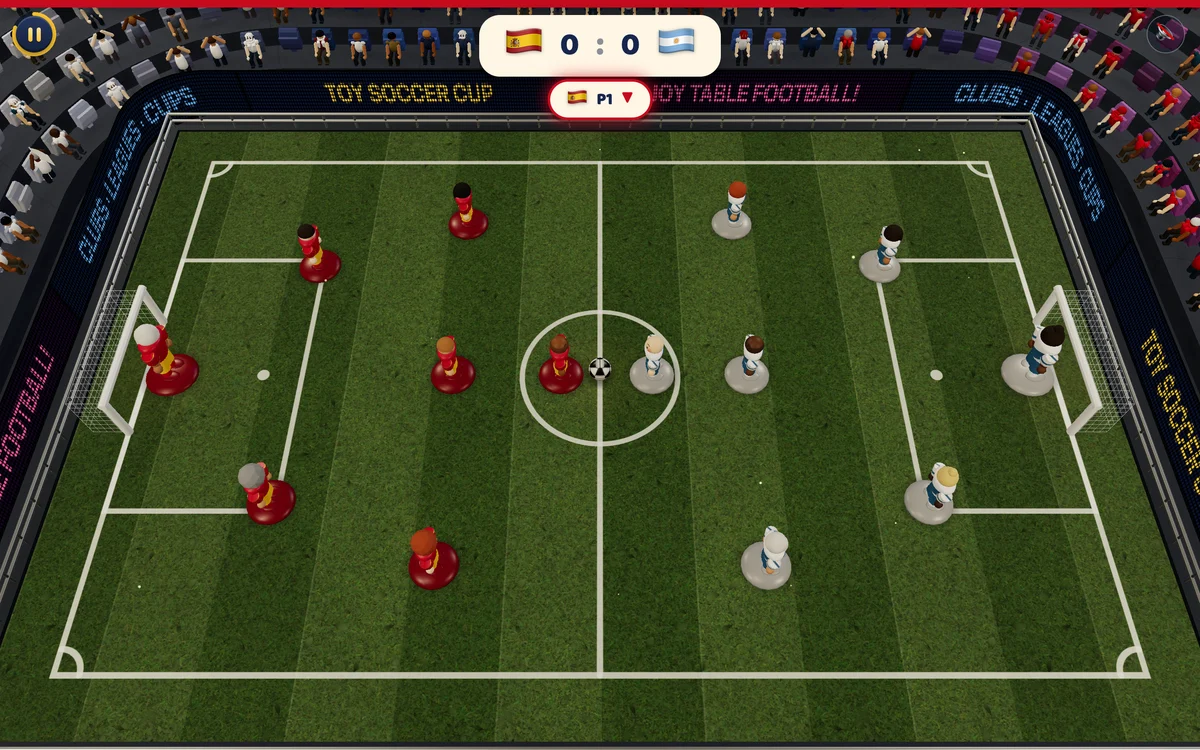 Toy Soccer Cup two-player mode on one device: Spain against Argentina in a 3D stadium, player one to shoot