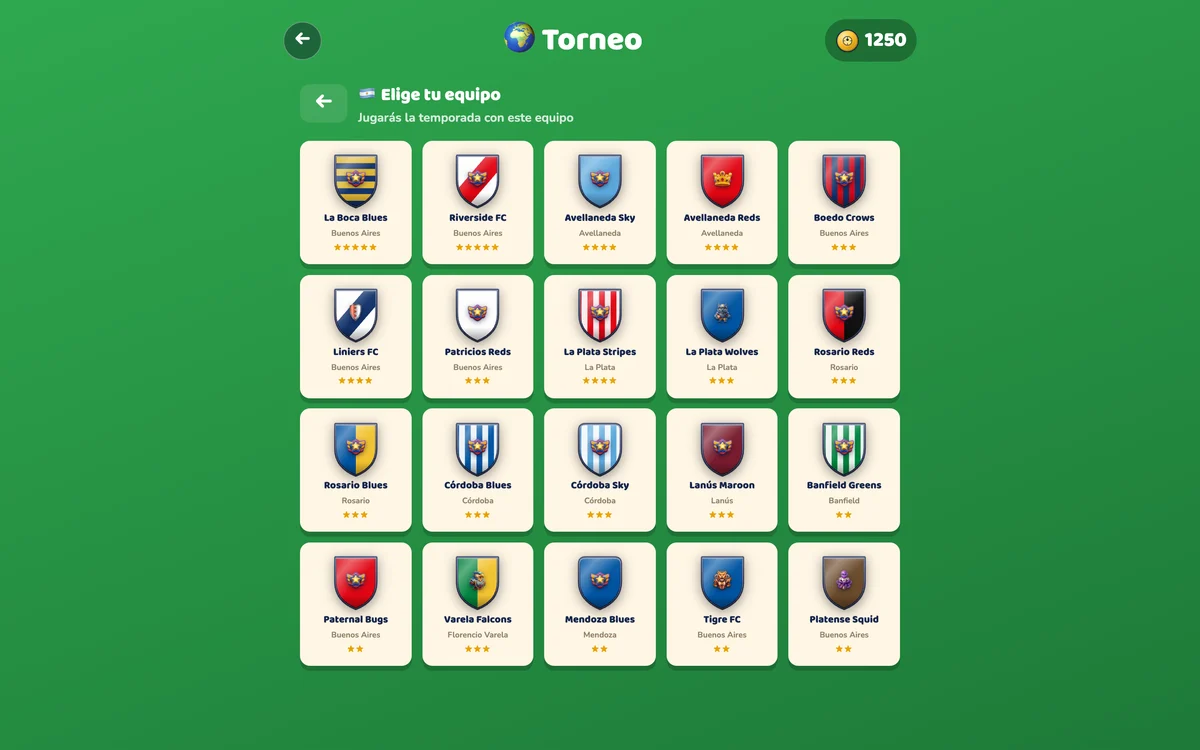 Ligas del Mundo de Toy Soccer Cup: elegir club en la liga argentina