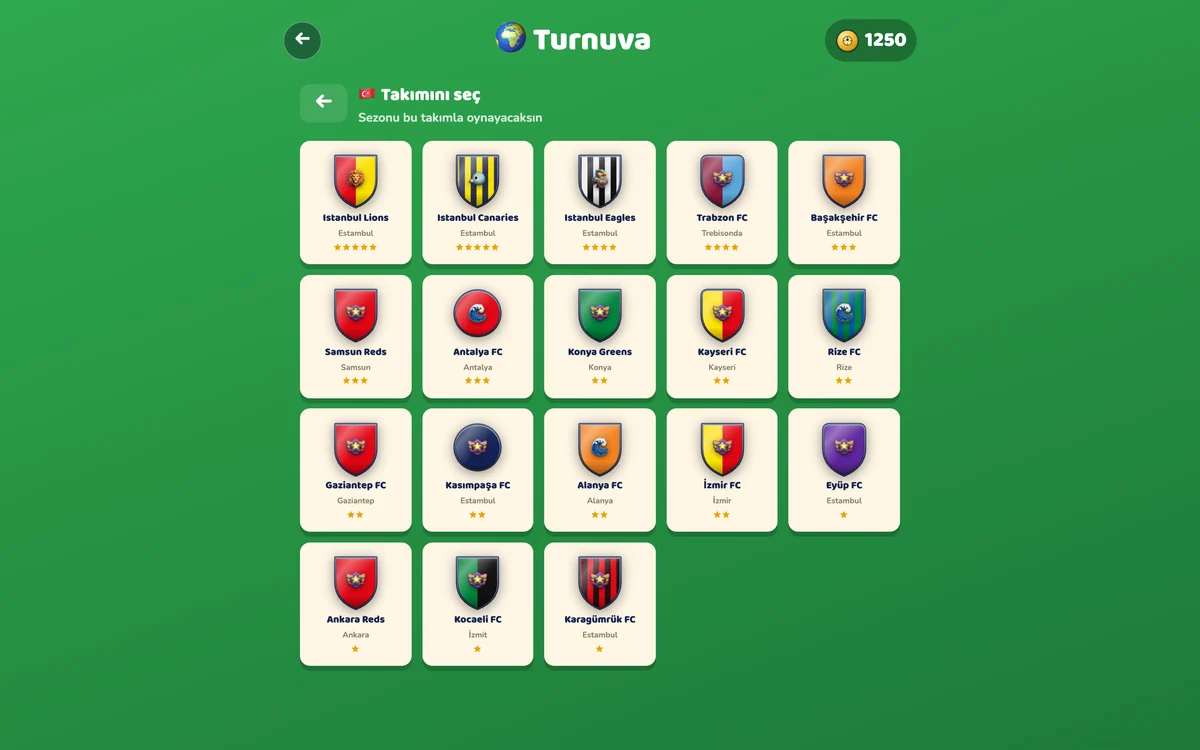 Toy Soccer Cup Dünya Ligleri: Türkiye liginde kulüp seçimi