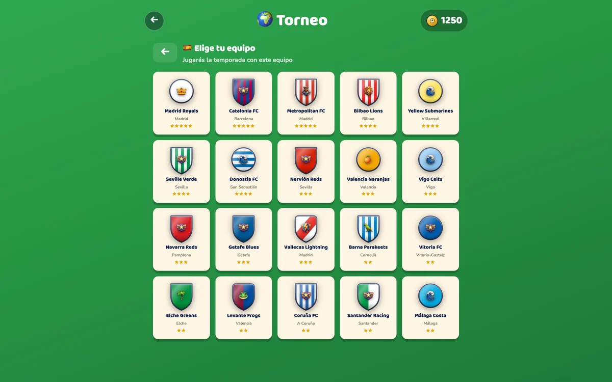 Ligas del Mundo de Toy Soccer Cup: elegir club en la liga española, 20 clubes originales con escudo y estrellas