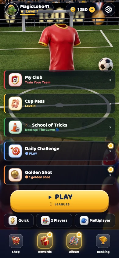 Toy Soccer Cup app on a phone: home screen with the equipped shirt, Play button, Quick, 2 Players and Multiplayer