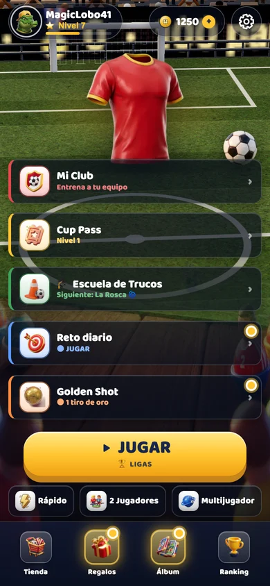 App de Toy Soccer Cup en el móvil: pantalla de inicio con la camiseta, el botón Jugar, Rápido, 2 Jugadores y Multijugador