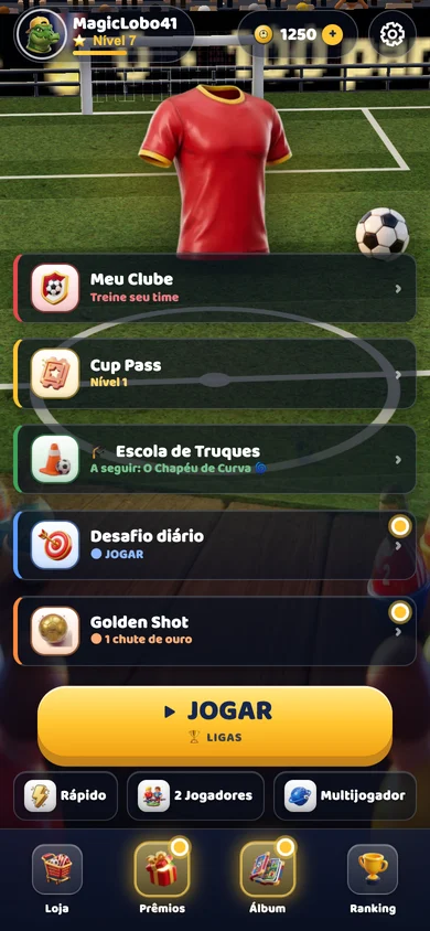 App do Toy Soccer Cup no celular: tela inicial com a camisa, o botão Jogar, Rápido, 2 Jogadores e Multijogador