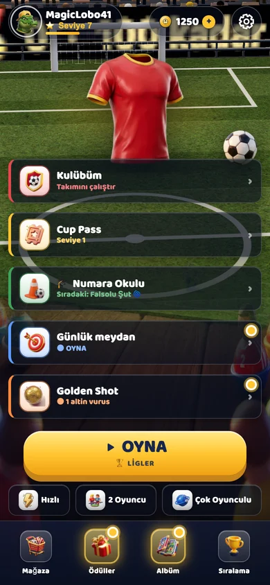 Telefonda Toy Soccer Cup uygulaması: forma, Oyna düğmesi, Hızlı, 2 Oyuncu ve Çok Oyunculu seçenekleriyle ana ekran