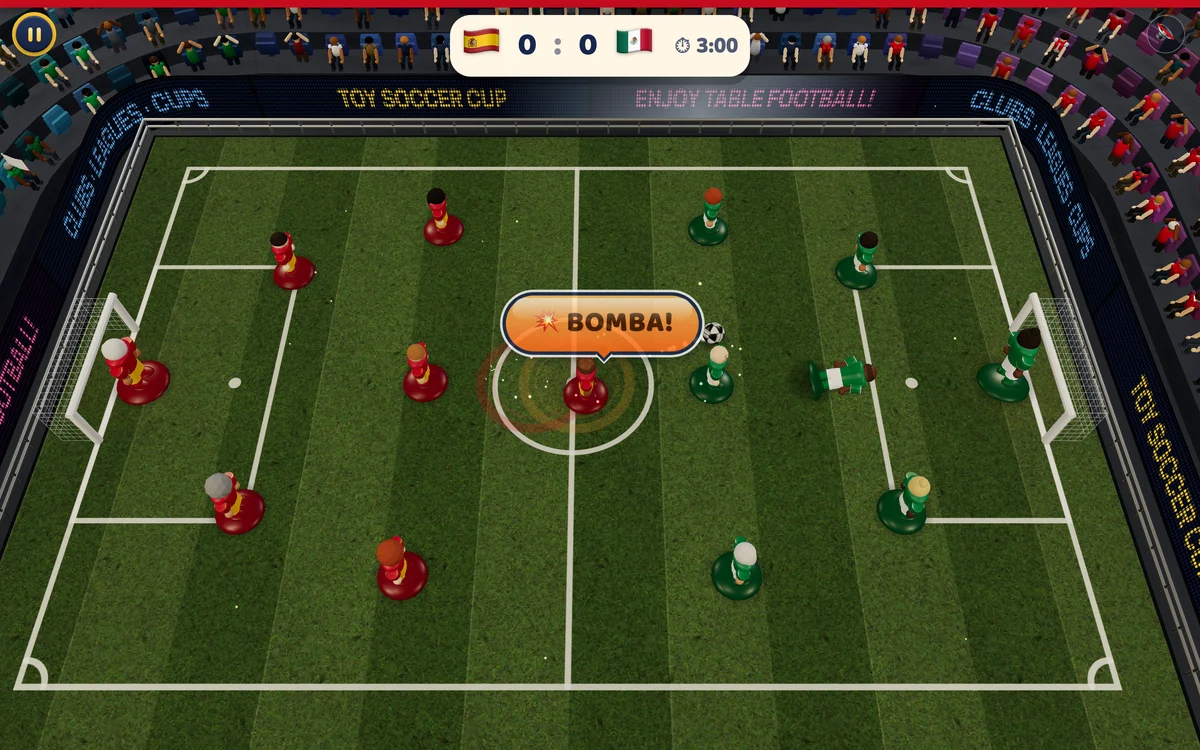 Partida do Toy Soccer Cup: um chute sai voando com o selo «Bomba!»