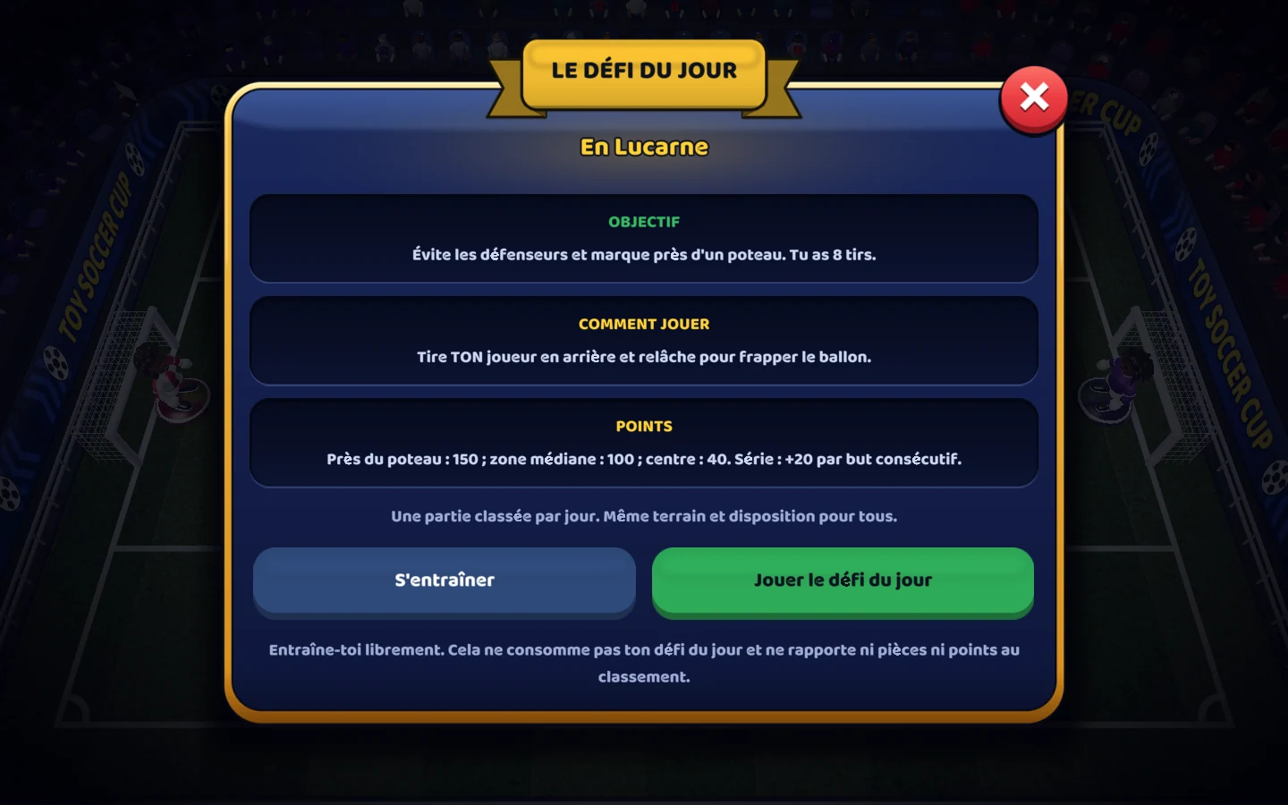 Capture du jeu actuel — Entraîne-toi d’abord. Joue ensuite ton essai quotidien.