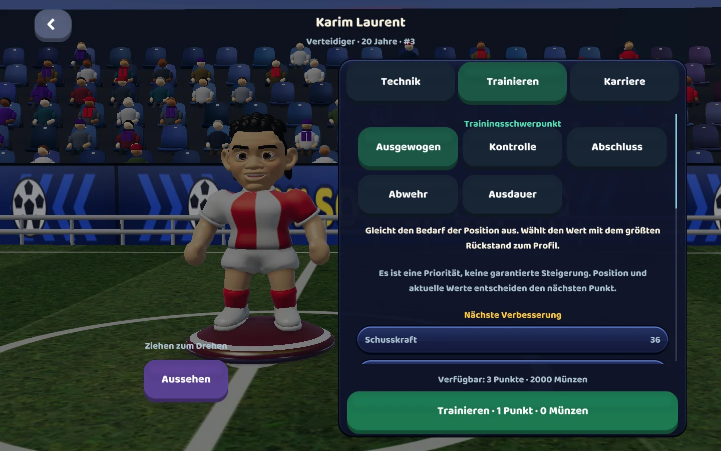 Screenshot des aktuellen Spiels — Training mit klarer Entscheidung